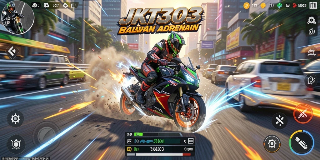 Gameplay seru JKT303 dengan motor balap di lintasan yang menantang.