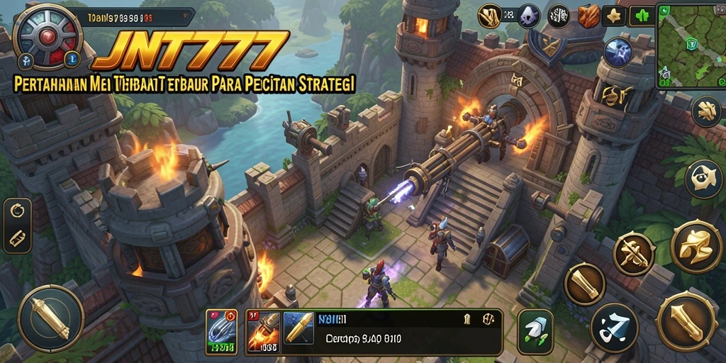 Screenshot gameplay dari <strong>JNT777</strong> menampilkan aksi menara bertahan melawan gelombang musuh.