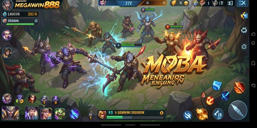 Screenshot gameplay MEGAWIN888 yang menampilkan pertempuran seru di arena MOBA.