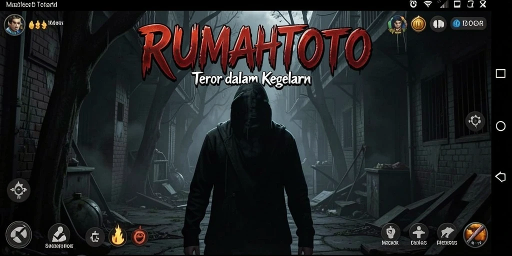 Screenshot gameplay RUMAHTOTO menunjukkan suasana horror yang mendalam.